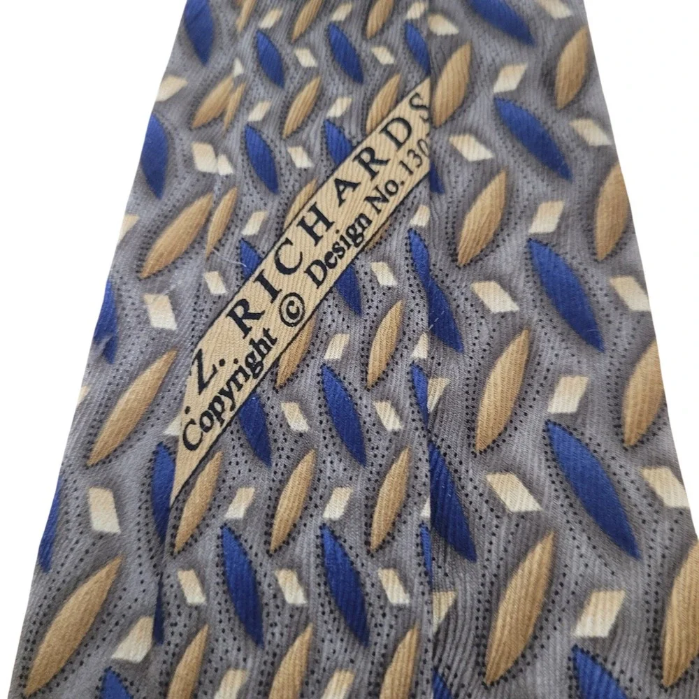 J.Z. Richards Men Silk Necktie Blue Gold Grey Geometric Diamond Pattern USA Made